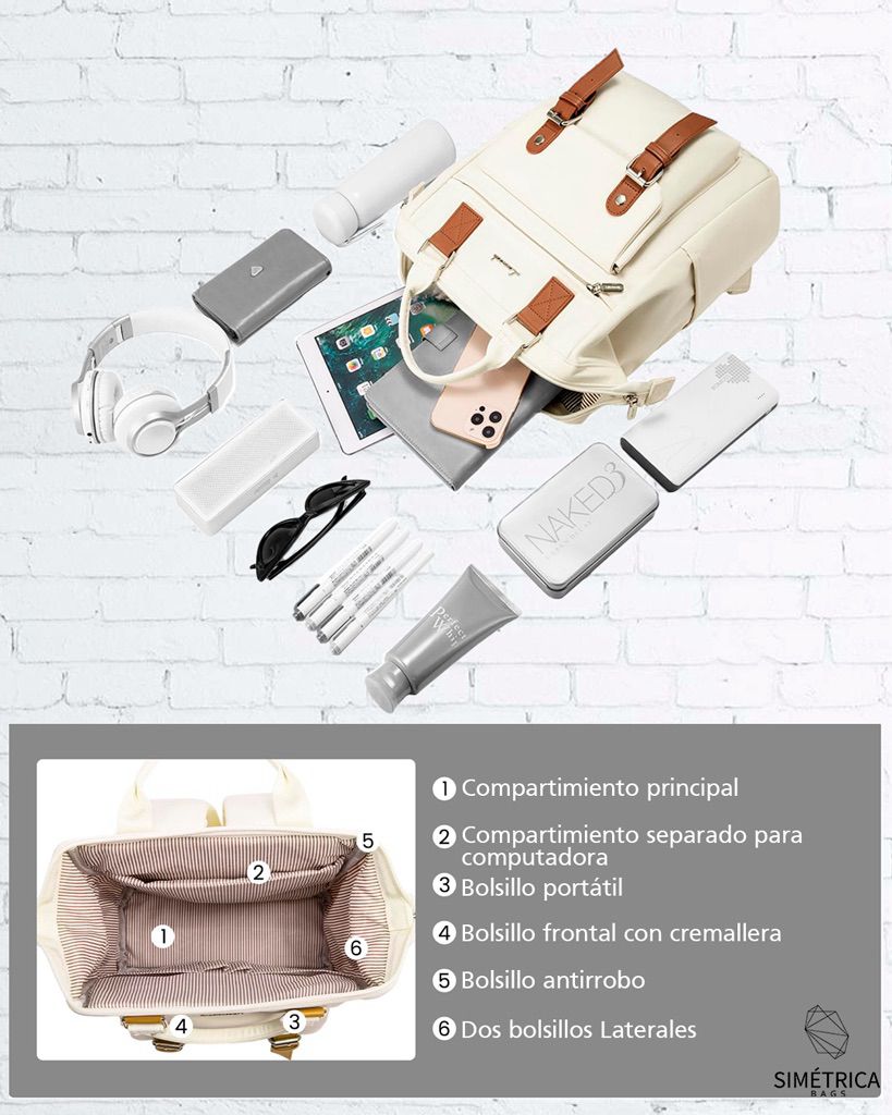 Morral poliéster con 18 bolsillos color crema